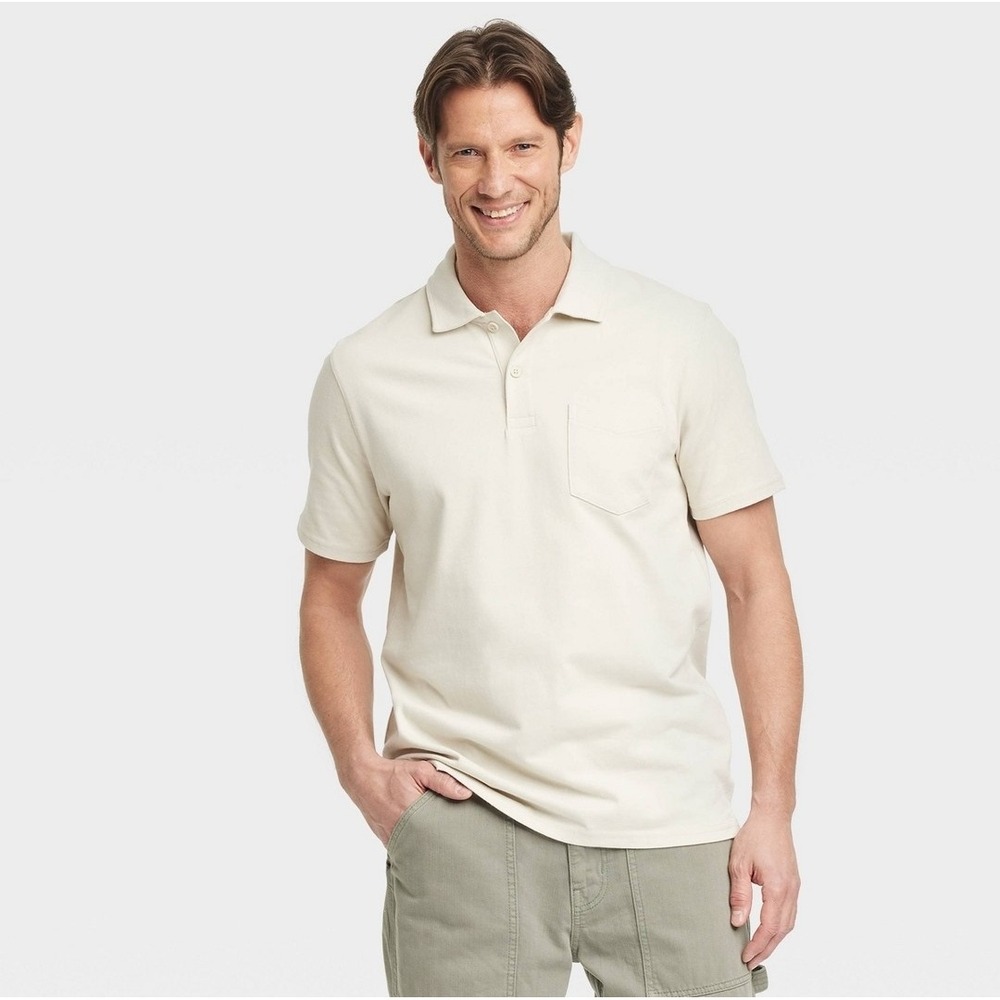 Goodfellow & Co NWT XXL/2X Short Sleeve Polo Shirt Beige Pocket Business Casual